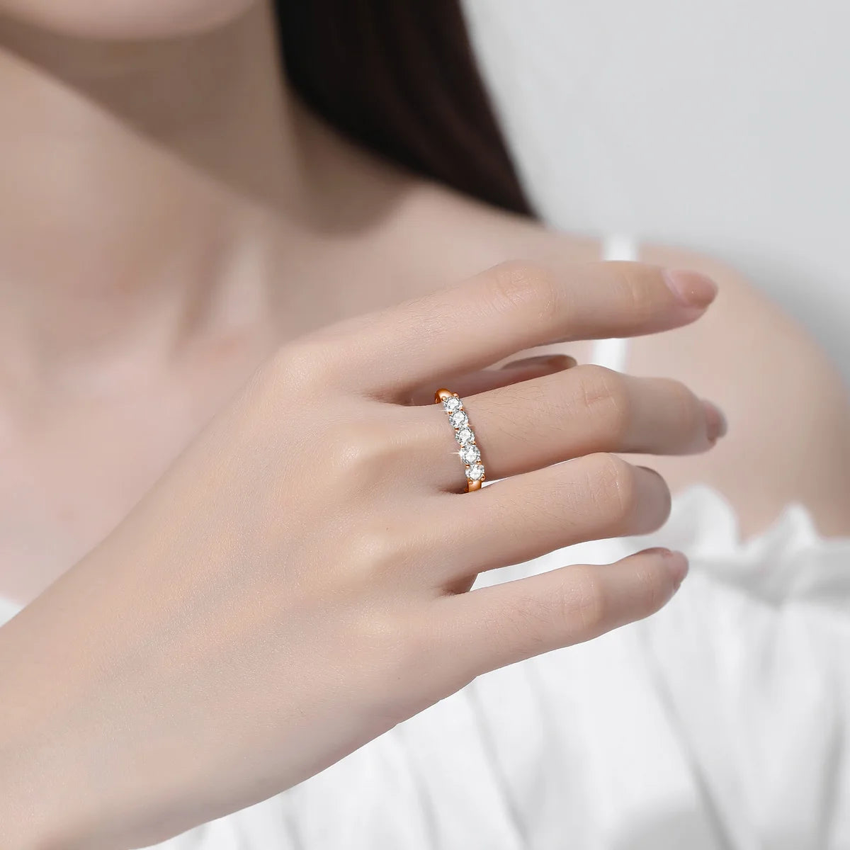 LUMINA™ 5-Stone Moissanite Ring – 925 Sterling Silver with Rose Gold Plating | D VVS1 Luxury