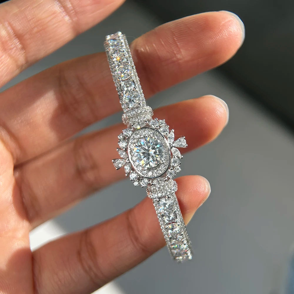 Title: Luxury Open Moissanite Bangle, 925 Sterling Silver, GRA Certified.