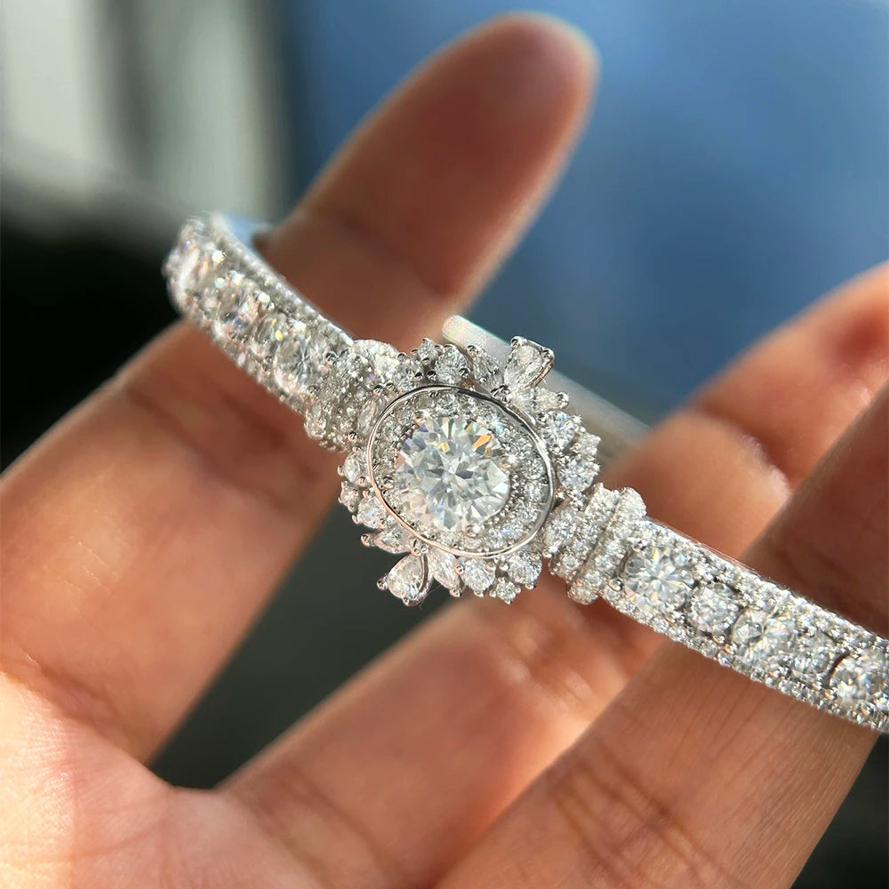Title: Luxury Open Moissanite Bangle, 925 Sterling Silver, GRA Certified.